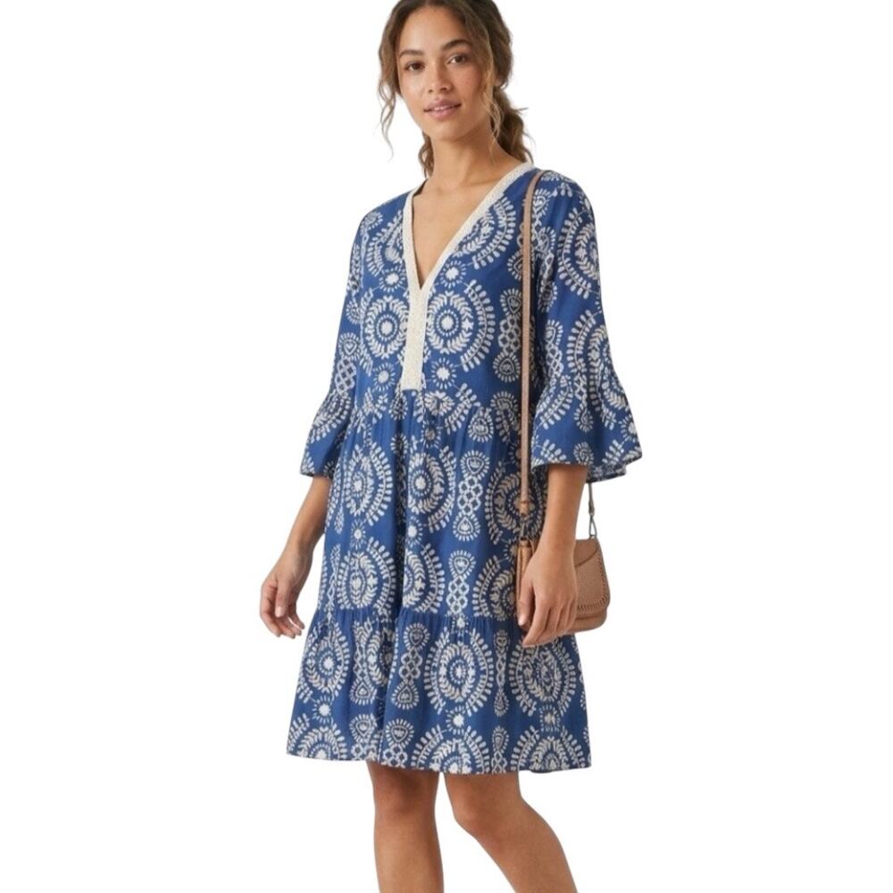 Saiph Lab Tiered Bell Sleeve Beaded Santorini Dress Blue Cream Size Small